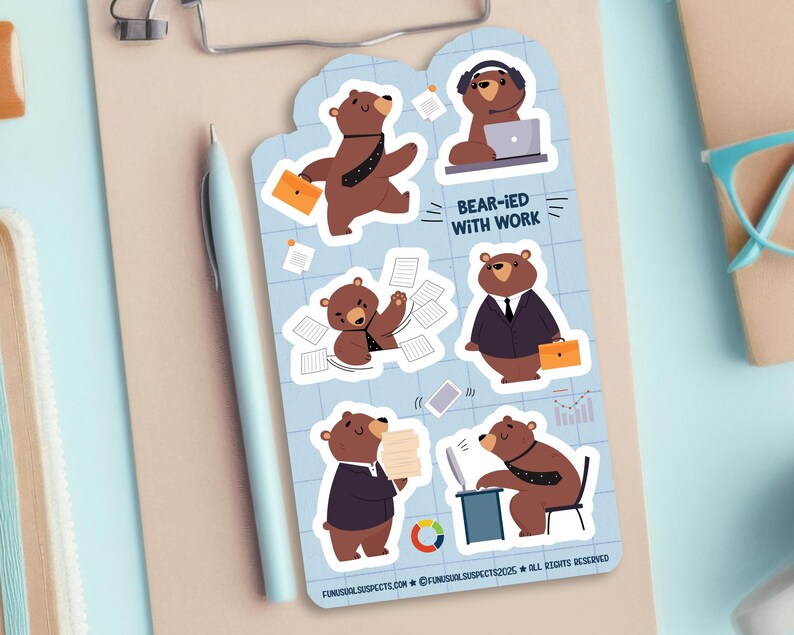 Ied Sticker Bears at Work Sticker Sheet, Bear-ied With Work, Cute Working Bear ...