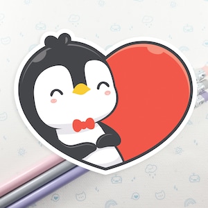 Penguin Heart Sticker, Love Penguin, Vinyl Sticker, Laptop Decal, Gift for Her, Cute Penguin, Cute Kawaii Sticker, Penguin Party