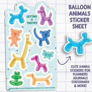 Feuille d'autocollants animaux ballons, autocollants ballons de fête mignons, autocollants pour agenda, papeterie mignonne, autocollants ballons kawaii