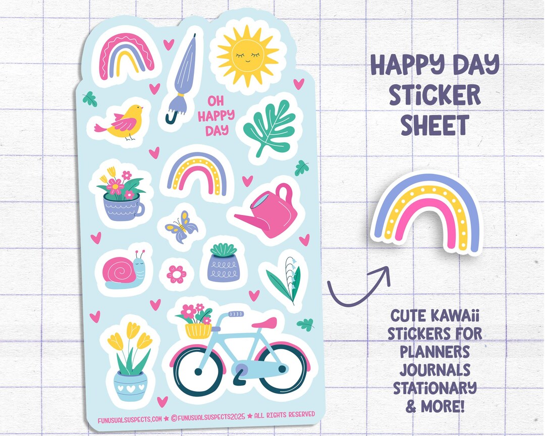 Oh Happy Day Spring Sticker Sheet, Springtime Stickers, Cute Bike ...
