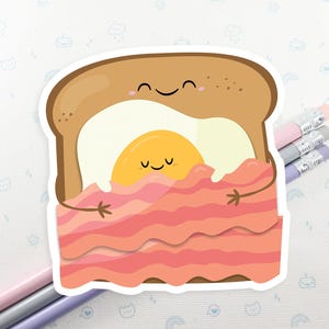May include: A cartoon illustration of a slice of toast with a fried egg inside, nestled in a bed of pink and white bacon. The toast and egg have happy faces.