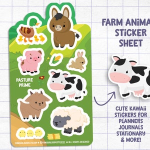 Farm Animals Sticker Sheet, Pasture Prime, Cute Farm Stickers, Kawaii Farm Animals, Stickers for Planner Journal, Cute Stationary