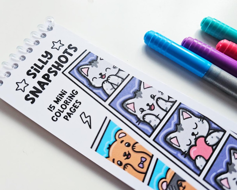 May include: A spiral-bound coloring book titled "Silly Snapshots" with 15 mini coloring pages. The pages feature cartoon cats and bears. Blue, purple, teal, and red markers are placed next to the coloring book.