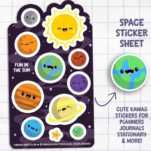 Planète en feuille d'autocollants, s'amuser au soleil, autocollants planète mignons, autocollants pour agenda, papeterie mignon, autocollants galaxie de l'espace