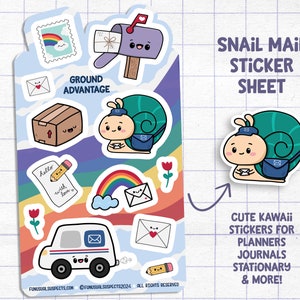 May include: A sticker sheet with a snail mail theme. The sheet features cute kawaii snail illustrations, mailboxes, envelopes, and rainbows. The text "Snail Mail Sticker Sheet" is at the top of the sheet. The text "Cute Kawaii Stickers for Planners Journals Stationary & More!" is at the bottom of the sheet.