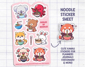 Noodles Sticker Sheet, Oodles of Noodles, Kawaii Ramen Stickers, Kawaii Stickers for Planner Journal