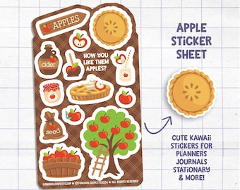Hoja de pegatinas de manzana, "Cómo te gustan las manzanas", pegatinas de cosecha, comida kawaii, pegatinas para agenda, pegatinas de otoño