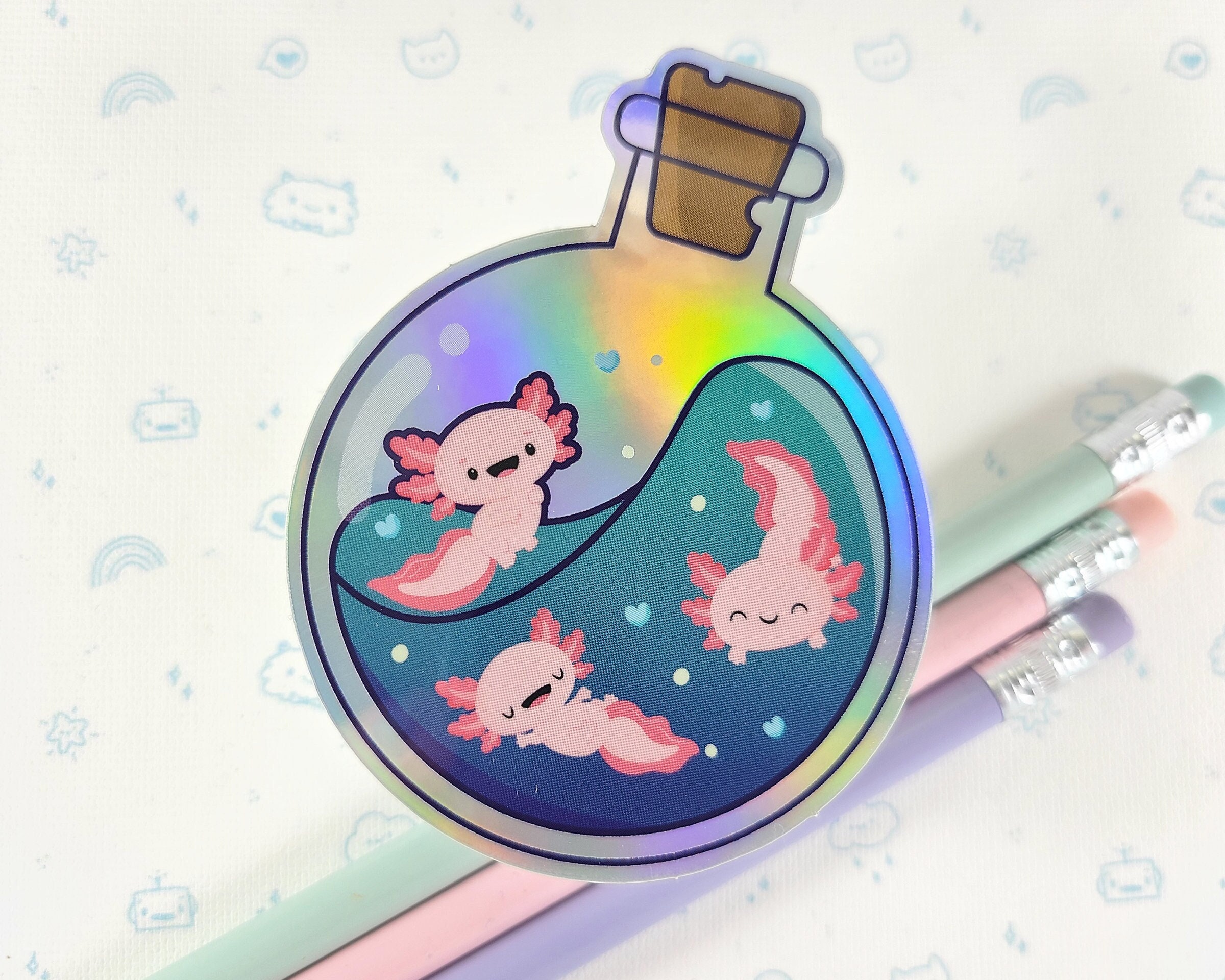 Axolotl Bottle Holographic Sticker, S0502, Vinyl Stickers, Laptop Decal, Rainbow Gift, Gift for Her, Cute Axolotl Sticker, Small Gift Idea