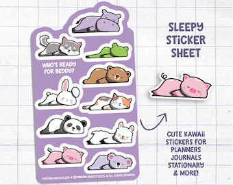 Sleepy Animals Sticker Sheet, Animal Stickers for Planner Journal, Cute Stationery, Kawaii Stickers