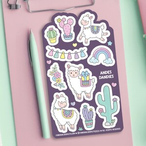 May include: A sheet of colorful llama and cactus themed stickers with the text "ANDES DANDIES".