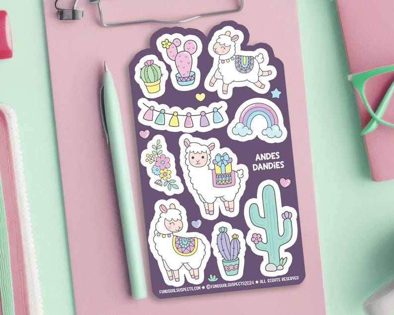 May include: A sheet of colorful llama and cactus themed stickers with the text "ANDES DANDIES".