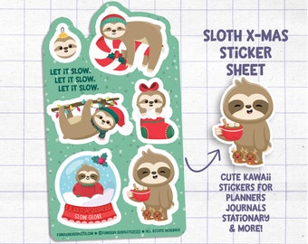 Sloth Christmas Sticker Sheet, Let it Slow, Christmas Stickers, Stickers for Planner Journal, Cute Stationary, Planner Sticker Sheet