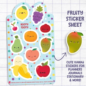 Fruity Sticker Sheet, Rooty Tooty, Cute Fruit Stickers, Kawaii Food, Stickers for Planner Journal, Cute Stationary