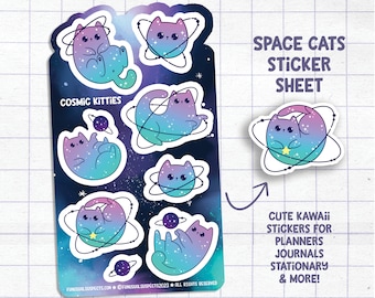 Cosmic Cats Sticker Sheet, Space Cats, Cute Planet Stickers, Stickers for Planner Journal, Cute Stationary, Galaxy Cat Stickers