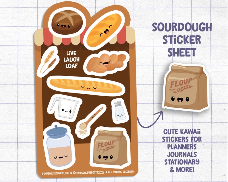 Sourdough Sticker Sheet, Live Laugh Loaf, Cute Bread Stickers, Stickers for Planner Journal, Cute Stationary, Sourdough Baking image 1