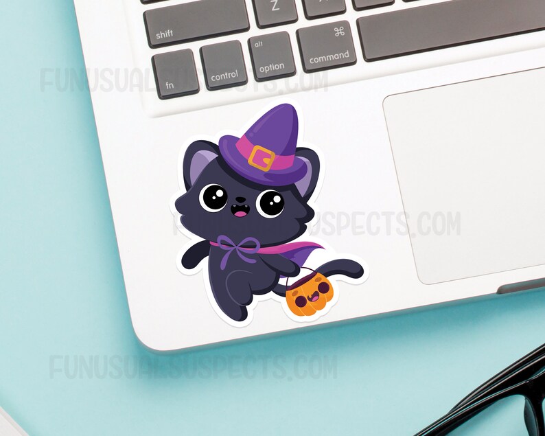 Witch Cat Vinyl Sticker, Cute Halloween Cat Vinyl Sticker, Laptop Decal ...