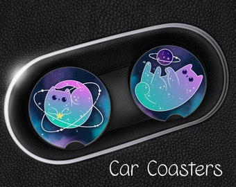 Space Cat Car Coasters, Set of 2 Rubber Neoprene Car Coaster, Car Accessories, Car Cup Holder Coasters, Galaxy Car Coasters