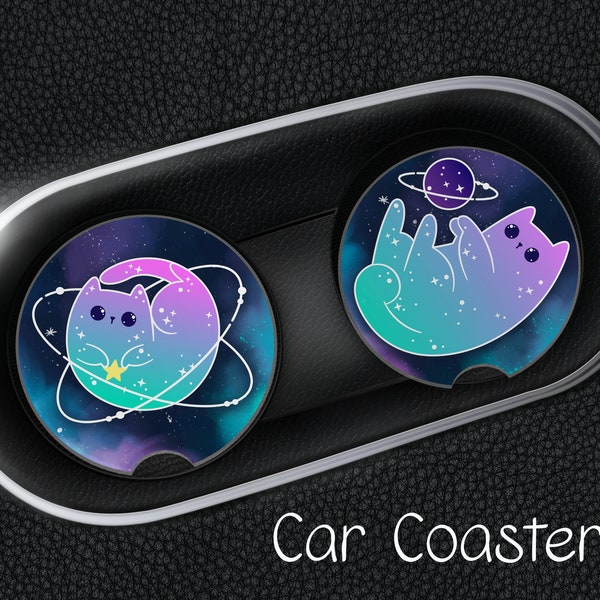 Space Cat Car Coasters, Set of 2 Rubber Neoprene Car Coaster, Car Accessories, Car Cup Holder Coasters, Galaxy Car Coasters