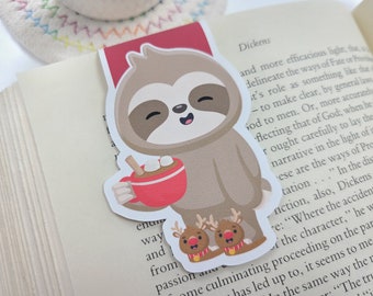 Kawaii Sloth Reindeer Slippers Magnetic Bookmark: Christmas Stocking Stuffer