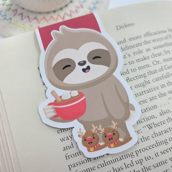 Sloth Reindeer Slippers Bookmark, Kawaii Sloth Bookmark Magnetic, Cozy Sloth Bookmark, Book Lover, Christmas Sloth, Stocking Stuffer