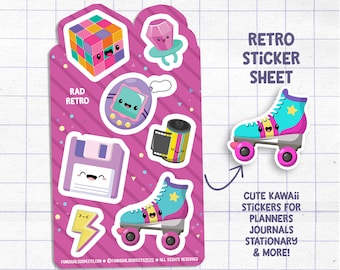 May include: A sheet of stickers featuring cute, cartoon-style illustrations of retro objects, including a Rubik's Cube, a ring with a gem, a Tamagotchi, a film roll, a floppy disk, a lightning bolt, and roller skates. The text "RAD RETRO" and "RETRO STICKER SHEET" is also included. The text "CUTE KAWAii STICKERS FOR PLANNERS JOURNALS STATIONARY & MORE!" is at the bottom of the sheet.