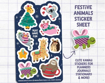 Christmas Animals Sticker Sheet, Yule Have Fun, Christmas Stickers, Stickers for Planner Journal, Cute Stationary, Planner Sticker Sheet
