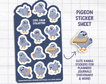 Pigeon Sticker Sheet, Cute Silly Pigeons, Bird Stickers, Planner Journal Stickers, Cute Stationary, Adorable BIrd Stickers