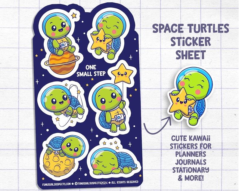 Space Turtles Sticker Sheet, Cute Turtle Stickers, Stickers for Planner Journal, Cute Stationary, Kawaii Stickers image 1