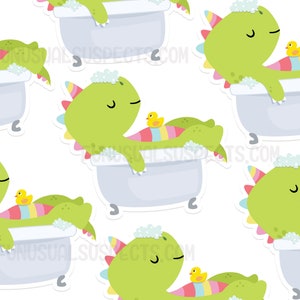 May include: A repeating pattern of green dinosaurs with yellow rubber duckies taking a bath in a white bathtub with bubbles. The dinosaurs have closed eyes and are smiling. The background is white.