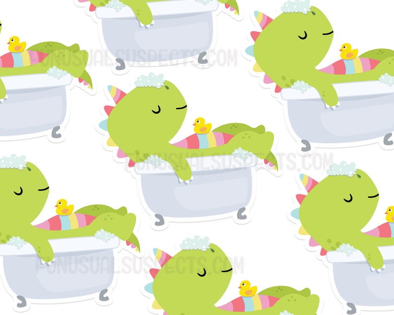 May include: A repeating pattern of green dinosaurs with yellow rubber duckies taking a bath in a white bathtub with bubbles. The dinosaurs have closed eyes and are smiling. The background is white.
