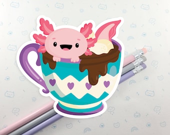 Axolotl in Hot Chocolate Sticker, Vinyl Sticker, Laptop Decal, Stocking Stuffer, Cute Axolotl, Festive Axolotl Stickers