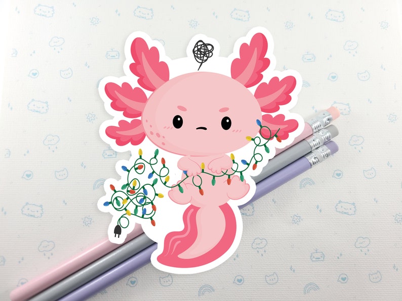 Axolotl Christmas Lights Sticker, Vinyl Sticker, Laptop Decal, Stocking Stuffer, Cute Axolotl, Festive Stickers image 1