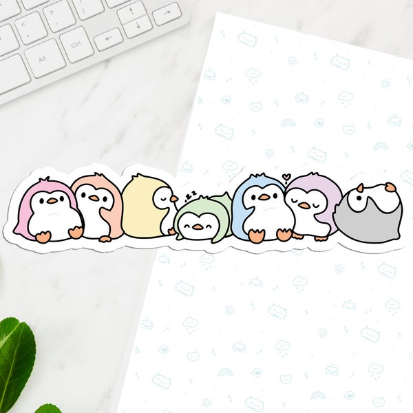 Penguins in Pastel Long Vinyl Sticker, Cute Penguins Sticker, Kawaii Decal, Laptop Stickers, Kawaii Penguins Decal, Long wrap around sticker