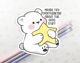 Bear Overthink Vinyl Sticker, Cute White Bear Laptop Sticker, Waterproof stickers for Water bottle