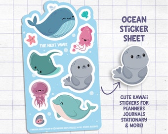 Ocean Animals Sticker Sheet, The Next Wave, Cute Marine Animal Stickers, Kawaii Ocean Stickers for Planner Journal, Cute Stationary