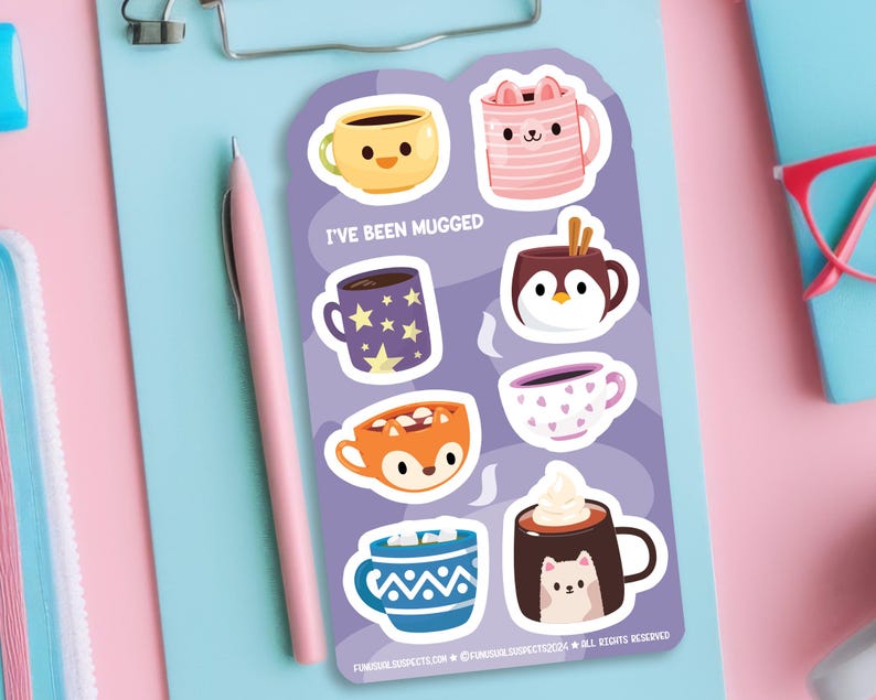May include: A sheet of stickers featuring various mugs with different designs. The mugs are filled with different beverages, including coffee, hot chocolate, and tea. The text "I've Been Mugged" is printed on the sheet.