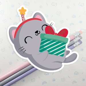 Cat with Christmas Present Sticker, Vinyl Sticker, Laptop Decal, Stocking Stuffer, Christmas Cat Sticker, Festive Cat Stickers