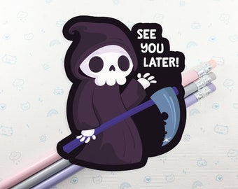 Grim Reaper Vinyl Sticker, Cute Death Vinyl Sticker, Laptop Decal, Funny Halloween Decal, Laptop Sticker, Kawaii Halloween Sticker