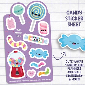May include: A sticker sheet with a purple background featuring cute kawaii candy designs. The sheet includes a gumball machine, lollipops, gummy worms, and candy. The text "The Sweet Life" and "Candy Sticker Sheet" are also included on the sheet.