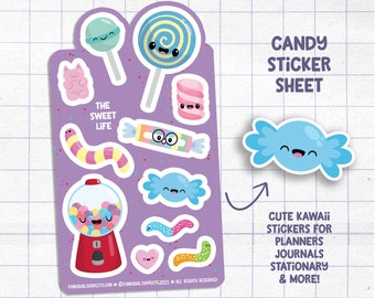 Candy Sticker Sheet, The Sweet Life, Cute Candy Stickers, Stickers for Planner Journal, Cute Stationary, kawaii Candy