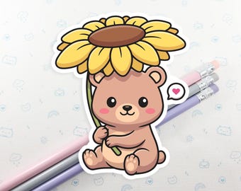 Bear Under Sunflower Vinyl Sticker, Cute Funny Waterproof Vinyl Decal for Laptop or Waterbottle