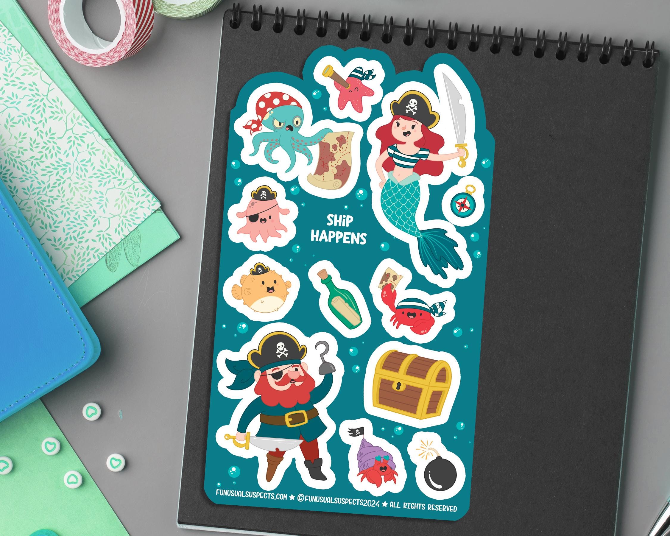 Pirate and Mermaid Sticker Sheet, Pirates Stickers, Cute Ocean Stickers ...