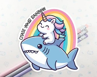 Unicorn and Shark Sticker, Vinyl Stickers, Laptop Decal, Funny Shark Gift, Gift for Her, Cute Sticker, Whale Shark Decal, Small Unicorn Gift