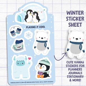 Puede incluir: Una hoja de pegatinas con tem&aacute;tica invernal con lindas ilustraciones kawaii de ping&uuml;inos, osos polares y un yeti. La hoja incluye el texto "Playing it Cool" y "Winter Sticker Sheet".