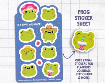 Frog Sticker Sheet, Cute Green Frog Stickers, Kawaii Frogs, Stickers for Planner Journal, Cute Stationary, Cute Frog Faces