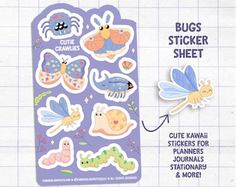 Bugs Sticker Sheet, Cute Bug Stickers, Creepy Cuties Stickers, Kawaii Stickers for Planner Journal, Cute Stationary
