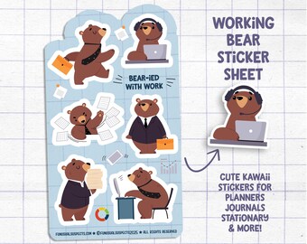 Bears At Work Sticker Sheet, Bear-ied With Work, Cute Working Bear Stickers, Kawaii Stickers for Planner Journal, Bear Stationary