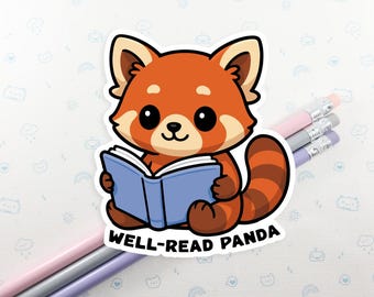 Red Panda Reading Vinyl Sticker, Kawaii Red Panda Gift, Panda Party, Cute Panda Decal, Laptop Decal, Waterbottle Stickers