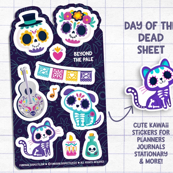 Day of the Dead Sheet, Beyond the Pale, Dia De Los Muertos Stickers, Stickers for Planner Journal, Cute Skulls, Planner Sticker Sheet