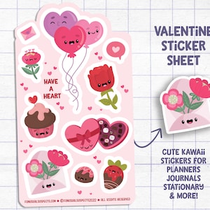 Valentine&#39;s Day Kawaii Sticker Sheet: Planner Stickers